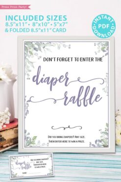 Diaper Raffle sign - Baby shower sign printable template pdf, baby shower party ideas, instant download Press Print Party! Greenery and purple design with tickets