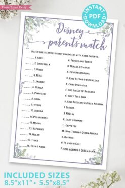 Disney Parent Match - Baby shower game printable template pdf, baby shower party ideas, instant download Press Print Party! Greenery and purple design