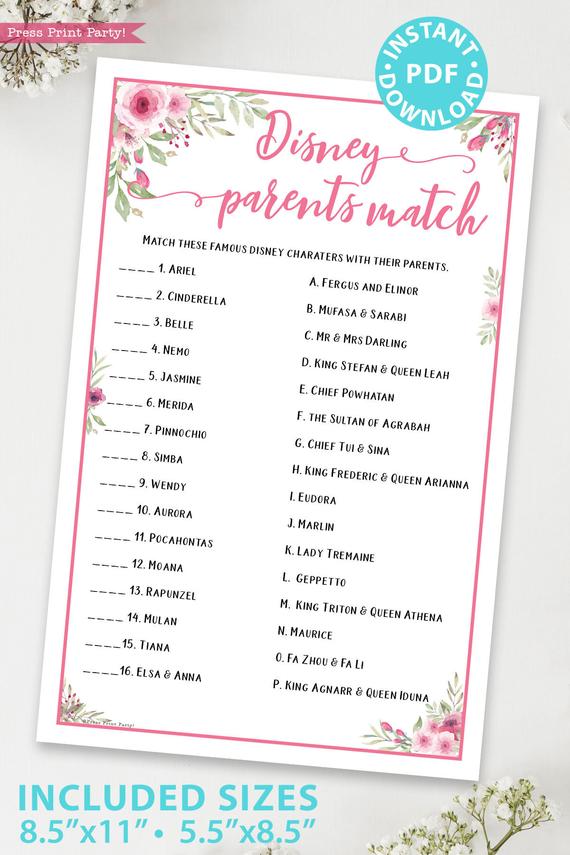 Disney parent match printable baby shower game pink flowers Press Print Party!