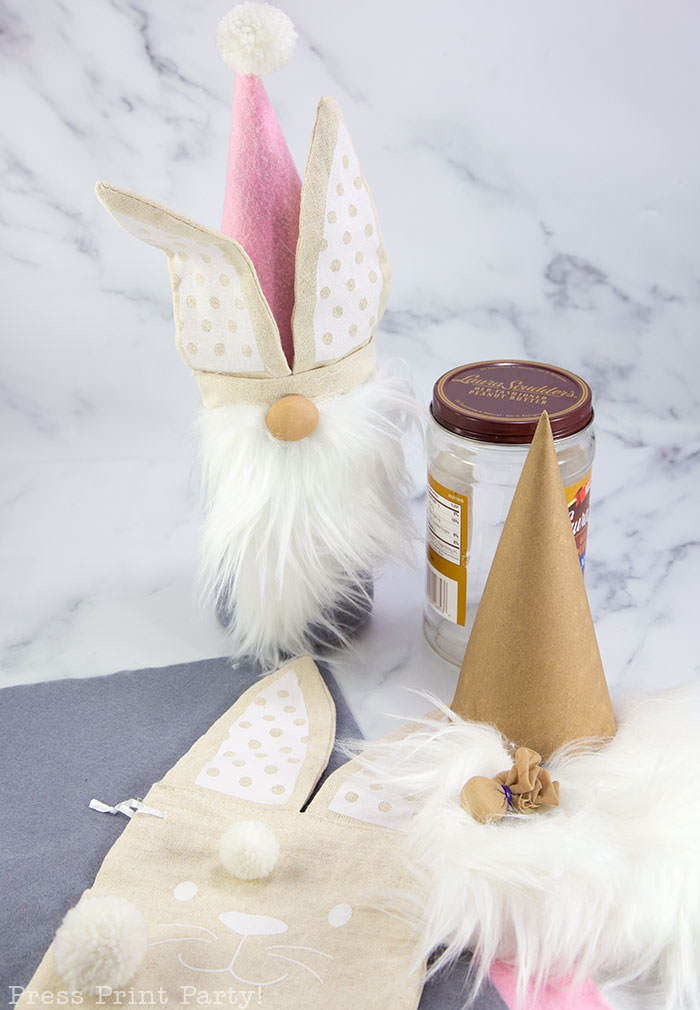 Diy gnome craft for spring no-sew craft ideas with felt flowers and, fur, cardboard cone body with hot glue gun. Bunny gnome for easter Press Print Party!