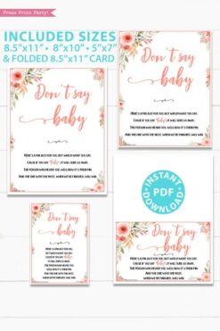 don't say baby game sign Printable baby shower game Peach flowers, instant download pdf Press Print Party!