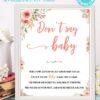 don't say baby game sign Printable baby shower game Peach flowers, instant download pdf Press Print Party!