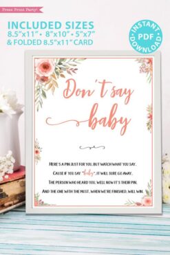 don't say baby game sign Printable baby shower game Peach flowers, instant download pdf Press Print Party!