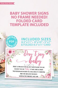 Don't say baby sign printable baby shower game pink flowers Press Print Party!