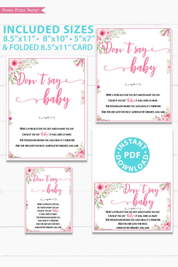 Don't say baby sign printable baby shower game pink flowers Press Print Party!