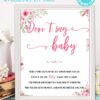 Don't say baby sign printable baby shower game pink flowers Press Print Party!