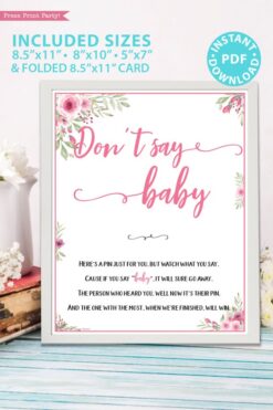 Don't say baby sign printable baby shower game pink flowers Press Print Party!