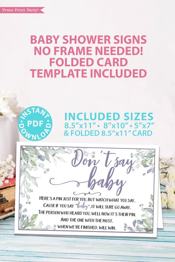 Don't say baby - Baby shower game printable template pdf, baby shower party ideas, instant download Press Print Party! Greenery and purple design