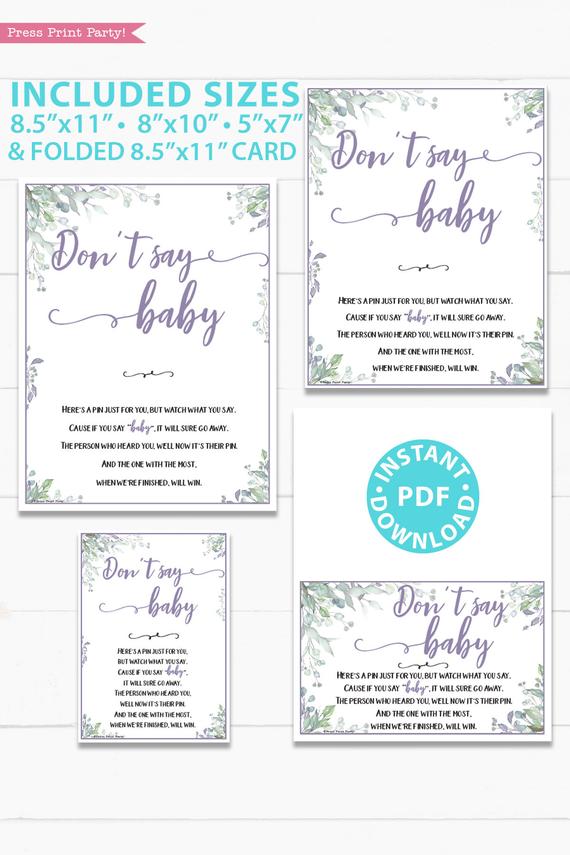 Don't say baby - Baby shower game printable template pdf, baby shower party ideas, instant download Press Print Party! Greenery and purple design