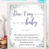 Don't say baby - Baby shower game printable template pdf, baby shower party ideas, instant download Press Print Party! Greenery and purple design