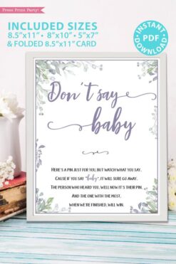 Don't say baby - Baby shower game printable template pdf, baby shower party ideas, instant download Press Print Party! Greenery and purple design