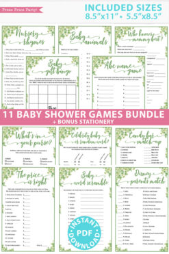 eucalyptus 11 baby shower games bundle oh baby baby shower games bundle - what is purse, nursery rhymes, mom questionnaire, disney parent match, celebrity baby, candy bar match up, baby word scramble, gift bingo, baby animals, abc name game.Press Print Party!