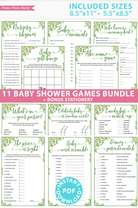 eucalyptus 11 baby shower games bundle oh baby baby shower games bundle - what is purse, nursery rhymes, mom questionnaire, disney parent match, celebrity baby, candy bar match up, baby word scramble, gift bingo, baby animals, abc name game.Press Print Party!