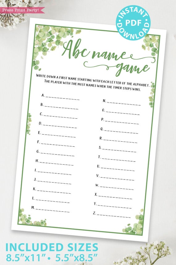 abc name game Baby shower game printable template pdf instant download Press Print Party! Eucalyptus design