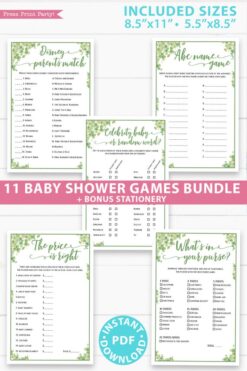 Baby Shower Games Bundle Printable, eucalyptus, Games Pack, Unique Baby Shower Games, Funny Activities, Girl, Bingo, INSTANT DOWNLOAD