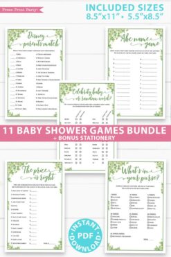 Baby Shower Games Bundle Printable, eucalyptus, Games Pack, Unique Baby Shower Games, Funny Activities, Girl, Bingo, INSTANT DOWNLOAD