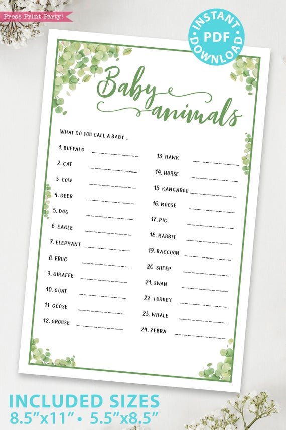 baby animals Baby shower game printable template pdf instant download Press Print Party! Eucalyptus design