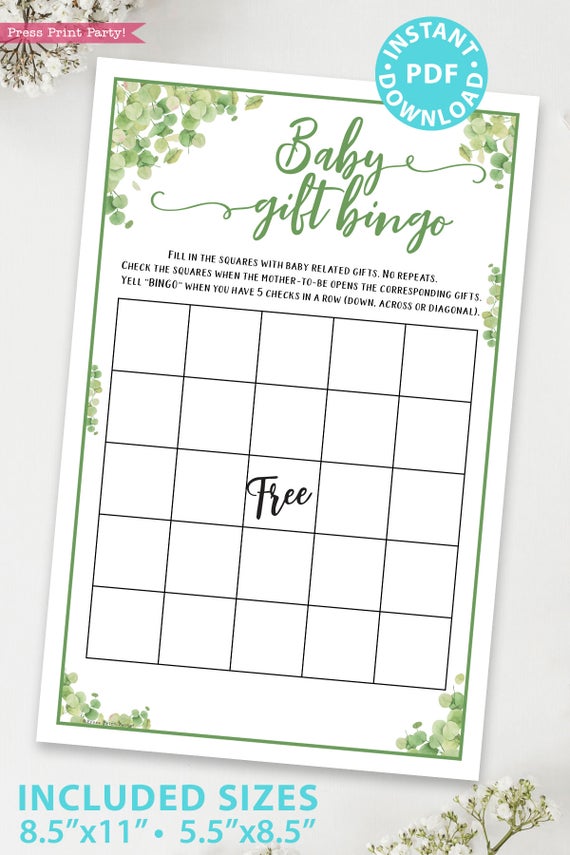 baby gift bingo Baby shower game printable template pdf instant download Press Print Party! Eucalyptus design
