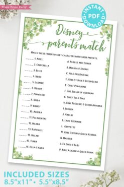 disney parent match Baby shower game printable template pdf instant download Press Print Party! Eucalyptus design