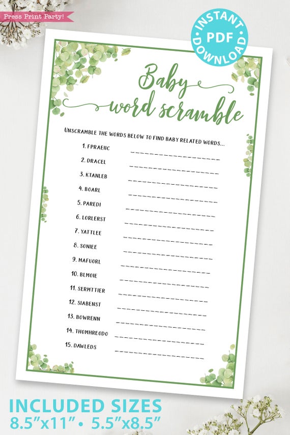 baby word scramble Baby shower game printable template pdf instant download Press Print Party! Eucalyptus design