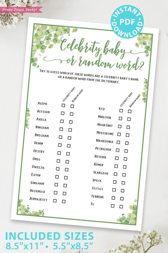 celebrity baby names Baby shower game printable template pdf instant download Press Print Party! Eucalyptus design