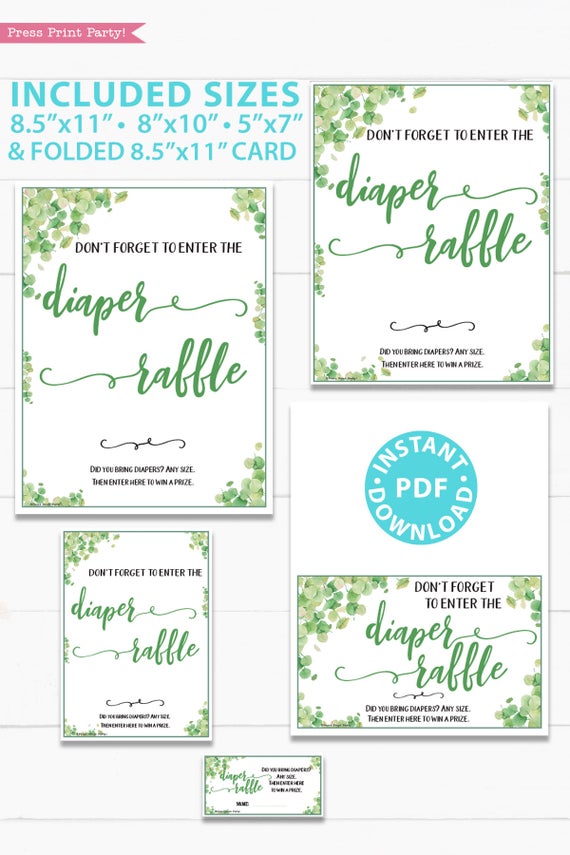 diaper raffle sign and game cards Baby shower game printable template pdf instant download Press Print Party! Eucalyptus design