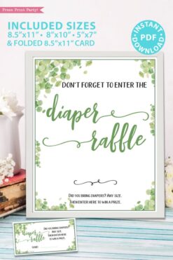 diaper raffle sign and game cards Baby shower game printable template pdf instant download Press Print Party! Eucalyptus design