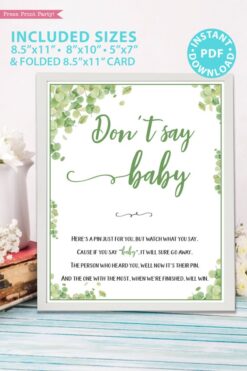 Don't say baby sign Baby shower game printable template pdf instant download Press Print Party! Eucalyptus design