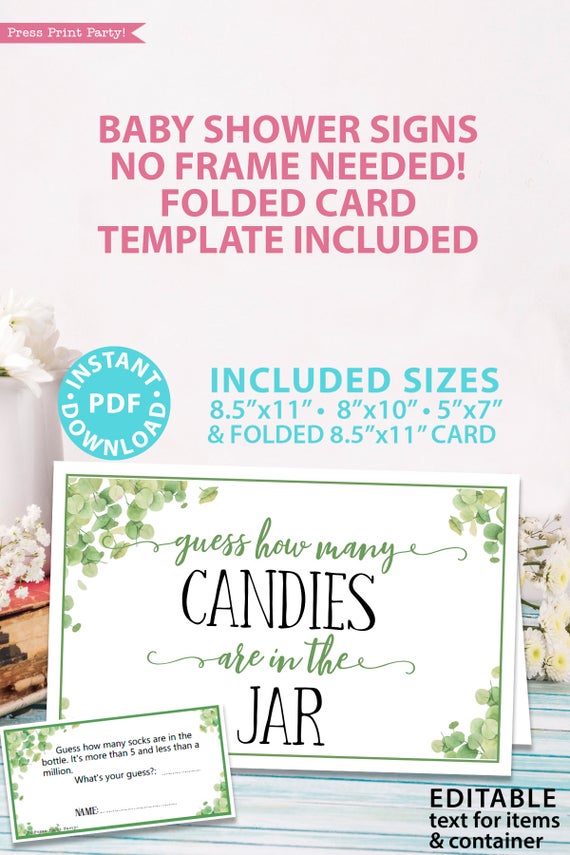 Guess how many sign editable customizable Baby shower game printable template pdf instant download Press Print Party! Eucalyptus design