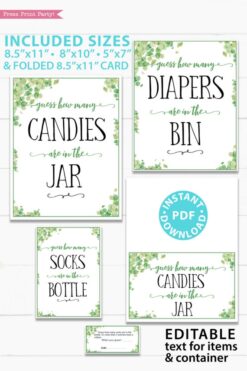 Guess how many sign editable customizable Baby shower game printable template pdf instant download Press Print Party! Eucalyptus design