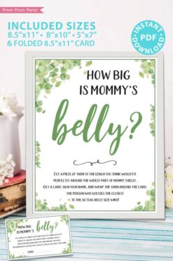 how big is mommy's belly sign Baby shower game printable template pdf instant download Press Print Party! Eucalyptus design