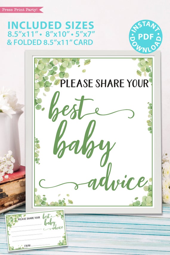 best baby advice sign Baby shower game printable template pdf instant download Press Print Party! Eucalyptus design