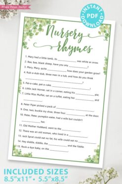 nursery rhymes Baby shower game printable template pdf instant download Press Print Party! Eucalyptus design