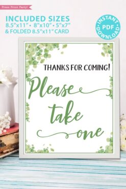 Please take one favor sign Thanks for coming Baby shower game printable template pdf instant download Press Print Party! Eucalyptus design