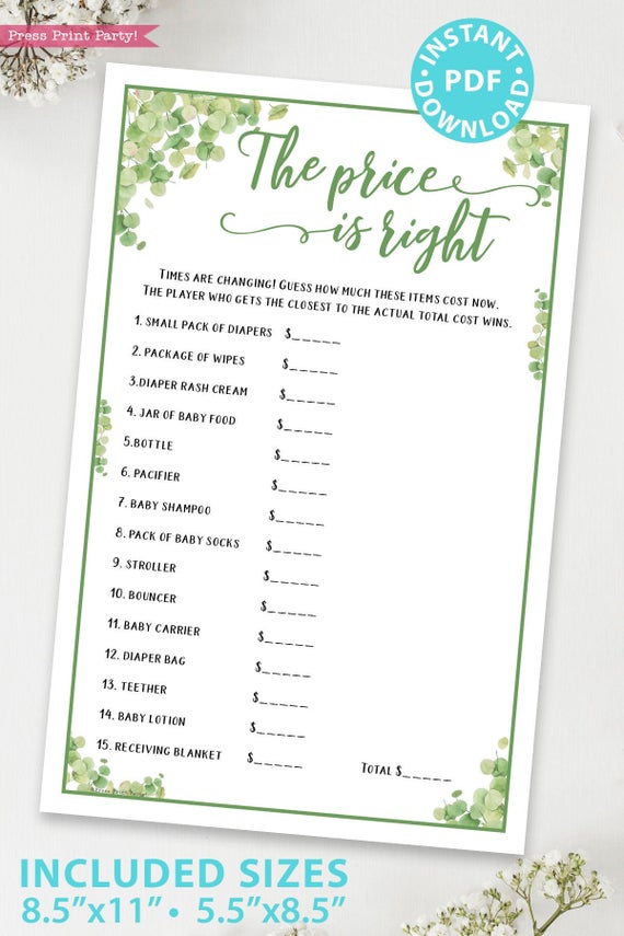 The price is right Baby shower game printable template pdf instant download Press Print Party! Eucalyptus design