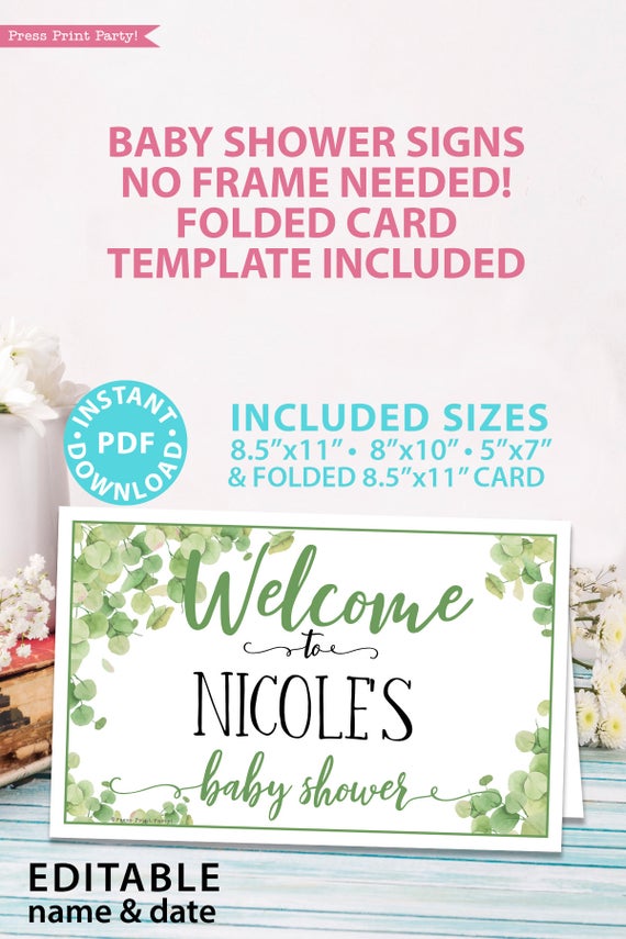 Welcome to the baby shower editable name Baby shower sign printable template pdf instant download Press Print Party! Eucalyptus design