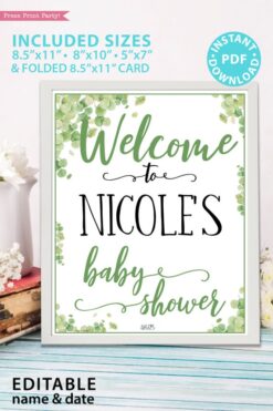 Welcome to the baby shower editable name Baby shower sign printable template pdf instant download Press Print Party! Eucalyptus design