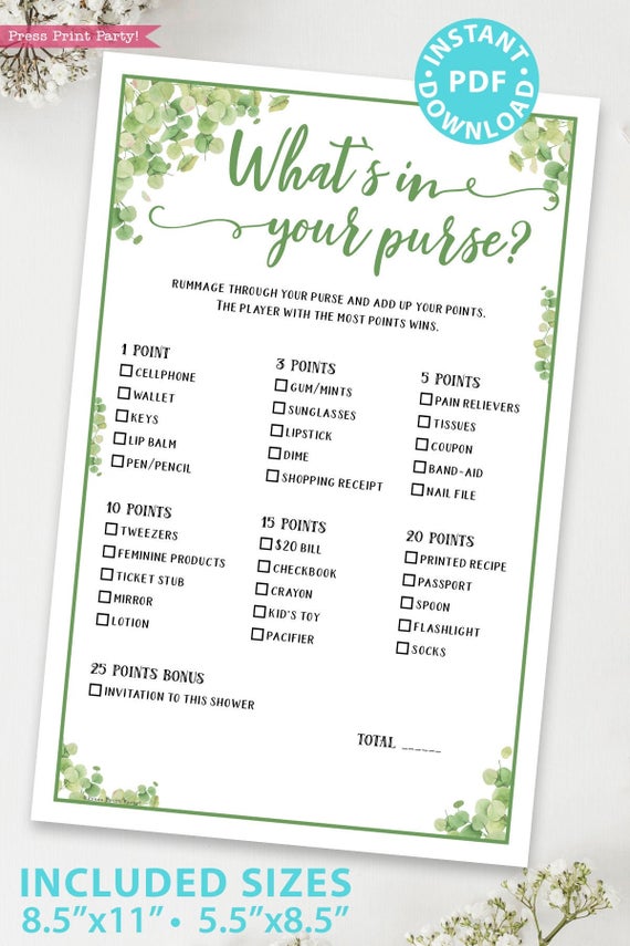 What's in your purse Baby shower game printable template pdf instant download Press Print Party! Eucalyptus design