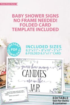 How many candies are in the Jar sign and tickets cards - Baby shower game printable template pdf, baby shower party ideas, instant download Press Print Party! Greenery and purple design