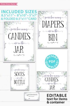 How many candies are in the Jar sign and tickets cards - Baby shower game printable template pdf, baby shower party ideas, instant download Press Print Party! Greenery and purple design