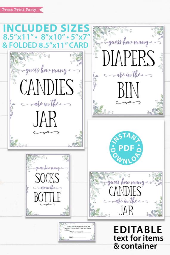 How many candies are in the Jar sign and tickets cards - Baby shower game printable template pdf, baby shower party ideas, instant download Press Print Party! Greenery and purple design