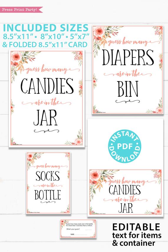 guess how many candies are in the jar game Printable baby shower game Peach flowers, instant download pdf Press Print Party!