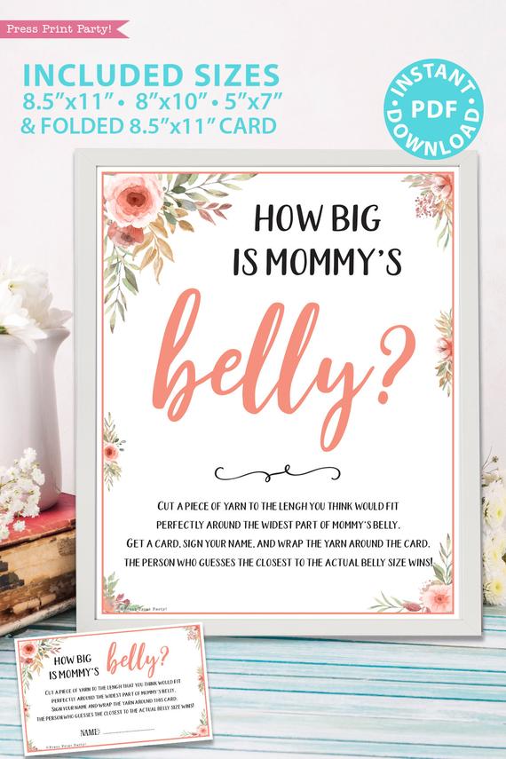 How big is mommy's belly game sign Printable baby shower game Peach flowers, instant download pdf Press Print Party!