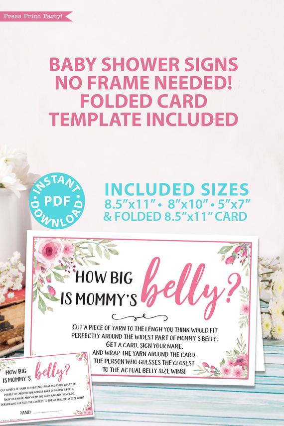 How big is mommy's belly. printable baby shower game pink flowers Press Print Party!