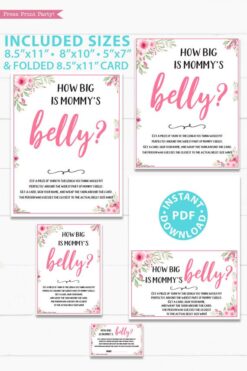 How big is mommy's belly. printable baby shower game pink flowers Press Print Party!