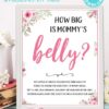 How big is mommy's belly. printable baby shower game pink flowers Press Print Party!