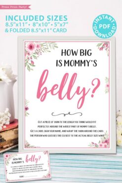 How big is mommy's belly. printable baby shower game pink flowers Press Print Party!
