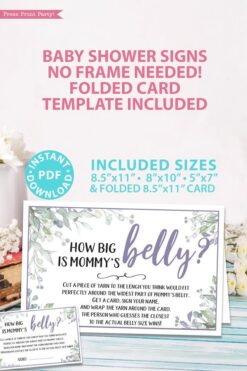 How big is mommy's belly sign and cards - Baby shower game printable template pdf, baby shower party ideas, instant download Press Print Party! Greenery and purple design