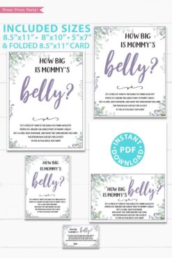 How big is mommy's belly sign and cards - Baby shower game printable template pdf, baby shower party ideas, instant download Press Print Party! Greenery and purple design