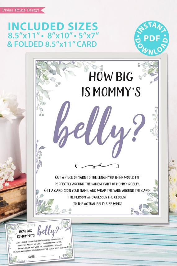 How big is mommy's belly sign and cards - Baby shower game printable template pdf, baby shower party ideas, instant download Press Print Party! Greenery and purple design